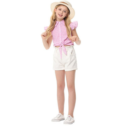 Girls Tie Front Knot Tops with Ruffle Sleeve Plaid Tops Tie Front Blouse Short Sleeve Button Down Shirts for Toddler Girls