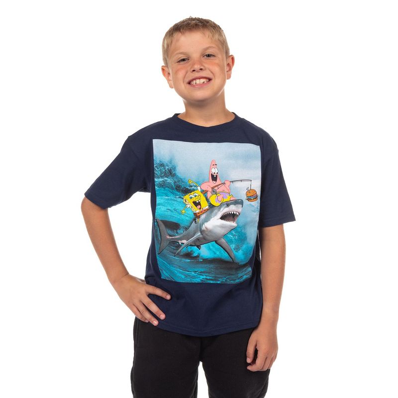 Seven Times Six SpongeBob Shirt Boys Patrick Fishing On Shark Short Sleeve Graphic Tee Blue
