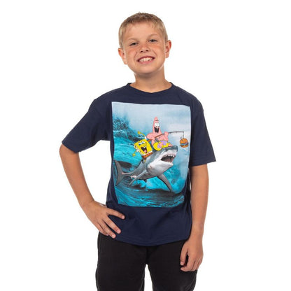 Seven Times Six SpongeBob Shirt Boys Patrick Fishing On Shark Short Sleeve Graphic Tee Blue