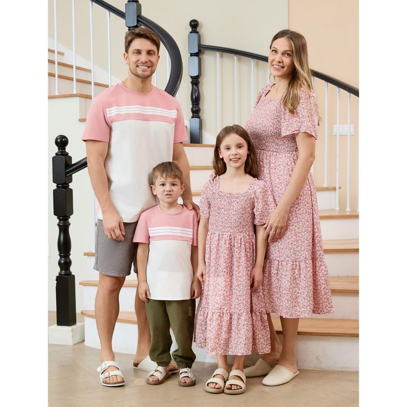 PATPAT Family Matching Outfits Boho Floral Print Square Neck Puff Sleeve Smocked Dress and Short Sleeve T-Shirts Matching Set