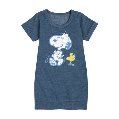 Girls' - Peanuts - Snoopy And Woodstock Pastels Graphic Short Sleeve Fleece Dress