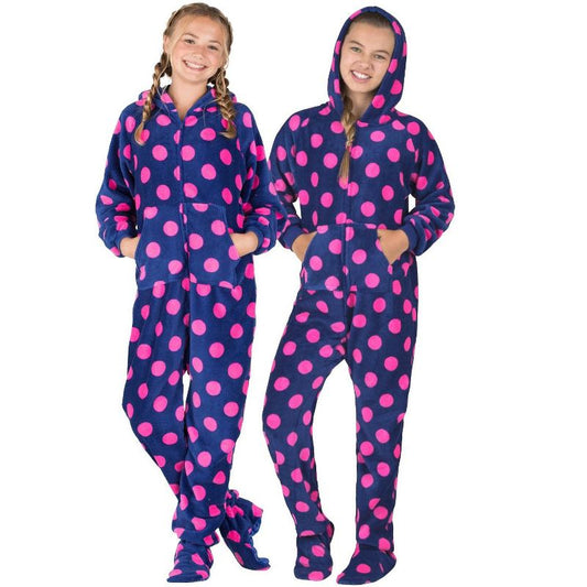 Footed Pajamas - Navy Pink Polka Kids Hoodie Chenille One Piece