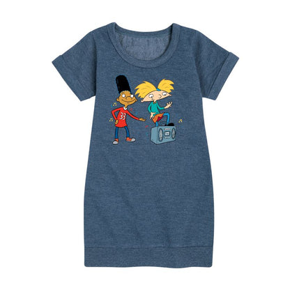 فستان صوف بأكمام قصيرة مطبوع عليه رسمة جيتار "ها إير" للبنات - "هي أرنولد!"