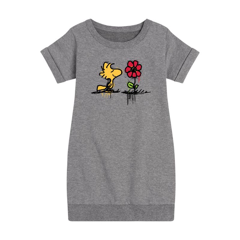Girls' - Peanuts - Woodstock Rose Graphic Short Sleeve Fleece Dress