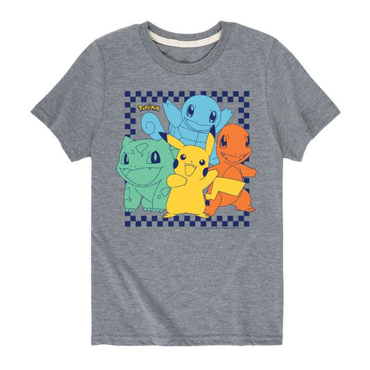 Boys' - Pokémon - Pikachu Charmander Squirtlew Bulbasaur Retro Checker Short Sleeve Graphic T-Shirt