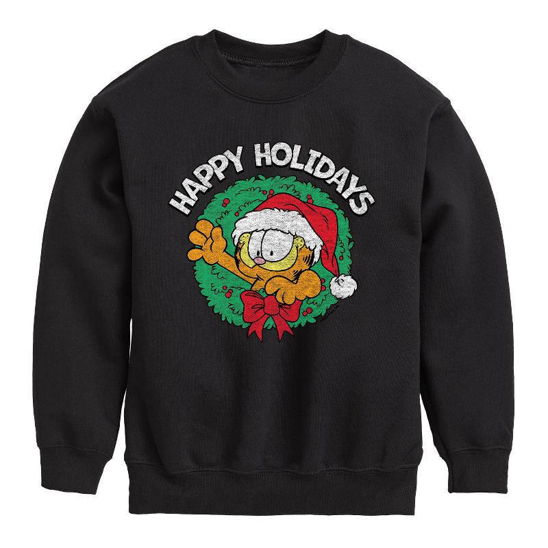 Boys' - Garfield - Happy Holidays Wreath Graphic Long Sleeve Fleece Sweatshirt