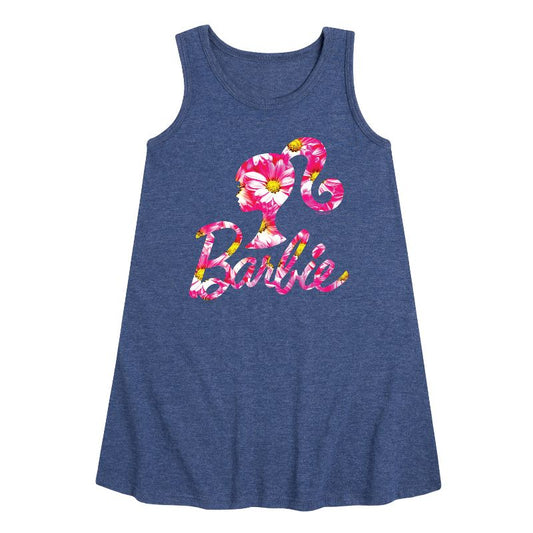 Girls' - Barbie - Pink Daisy Pattern Logo Graphic Sleeveless Aline Dress
