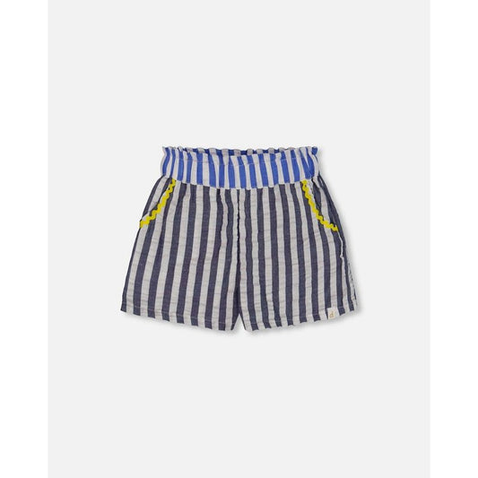 Deux par Deux Girl Seersucker Short Navy Blue and White