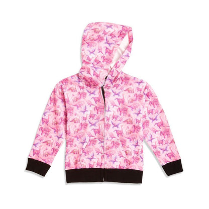 هودي سوزي دينو من ذا بينك بيكيت فينس للبنات - جاكيت خفيف الوزن بسحاب - طبعة ديناصور مرسومة يدويًا