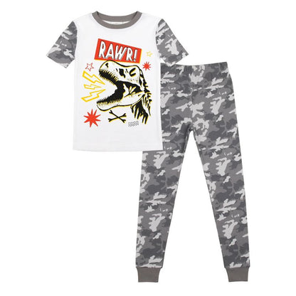 Dinosaur Character with Camo Pattern Youth Short Sleeve Pajama Set