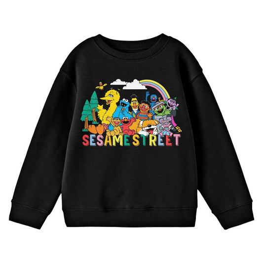 Sesame Street Outdoor Character Group Art Crew Neck Long Sleeve Youth Black Sweatshirt