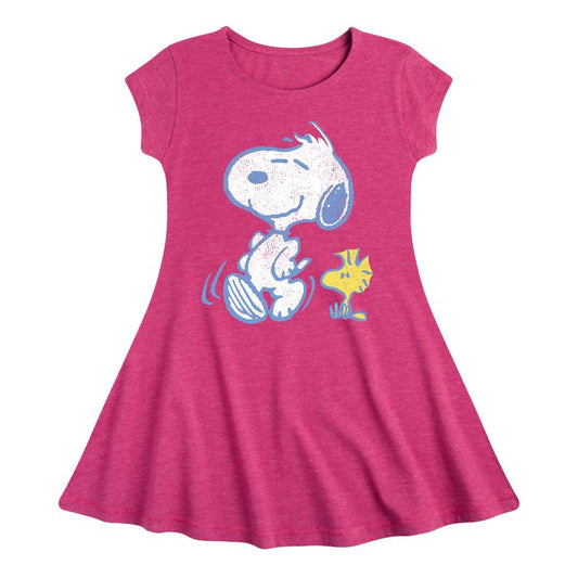 Girls' - Peanuts - Snoopy And Woodstock Pastels Fit & Flair Cap Sleeve Dress