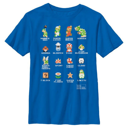 تي شيرت للأولاد من نينتندو سوبر ماريو بروس بيكسل كاست مع الأسماء