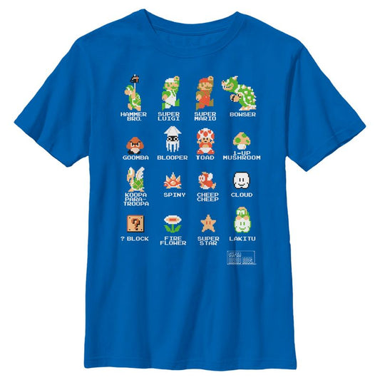 تي شيرت للأولاد من نينتندو سوبر ماريو بروس بيكسل كاست مع الأسماء