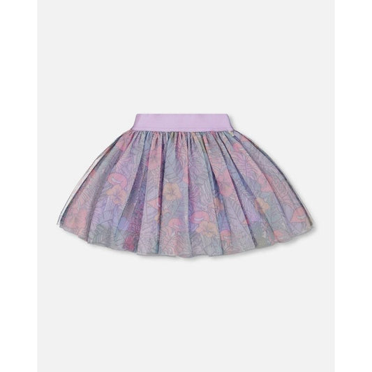 Deux par Deux Girl Printed Mesh Skirt Lilac Tropical and Pink Flamingos