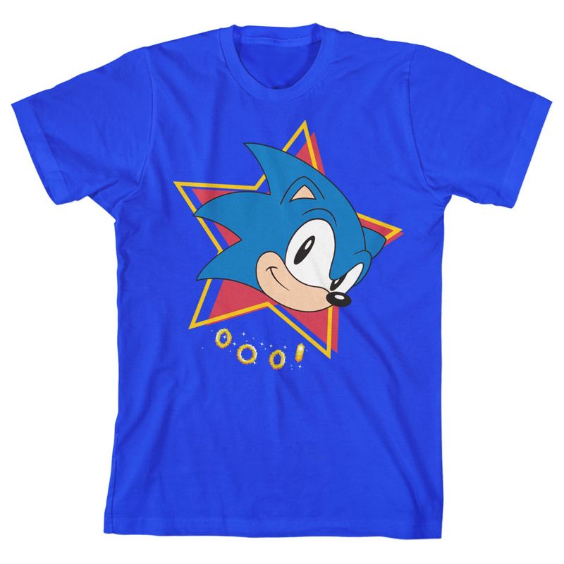 Sonic The Hedgehog Classic Bioworld Sonic Classic Star & Rings Portrait on Royal Blue Short Sleeve Youth T-Shirt