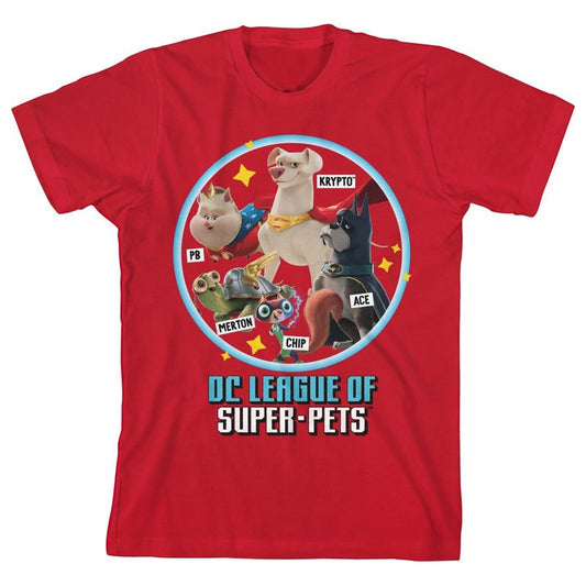 DC League of Super Pets Characters in Circle Youth Red Graphic Tee