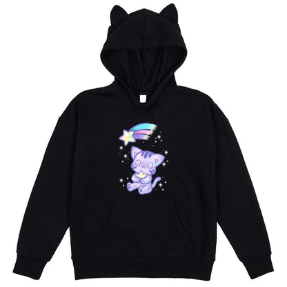 Kawaii Cat Shooting Star Youth Black Long Sleeve Hooded Sweatshirt With 3D Cat Ears