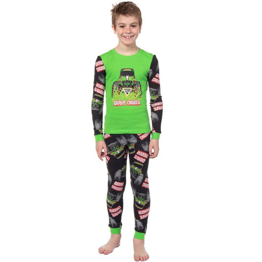 Monster Jam Boys' Truck Long Sleeve Grave Digger Tight Fit Sleep Pajama Set Multicolored