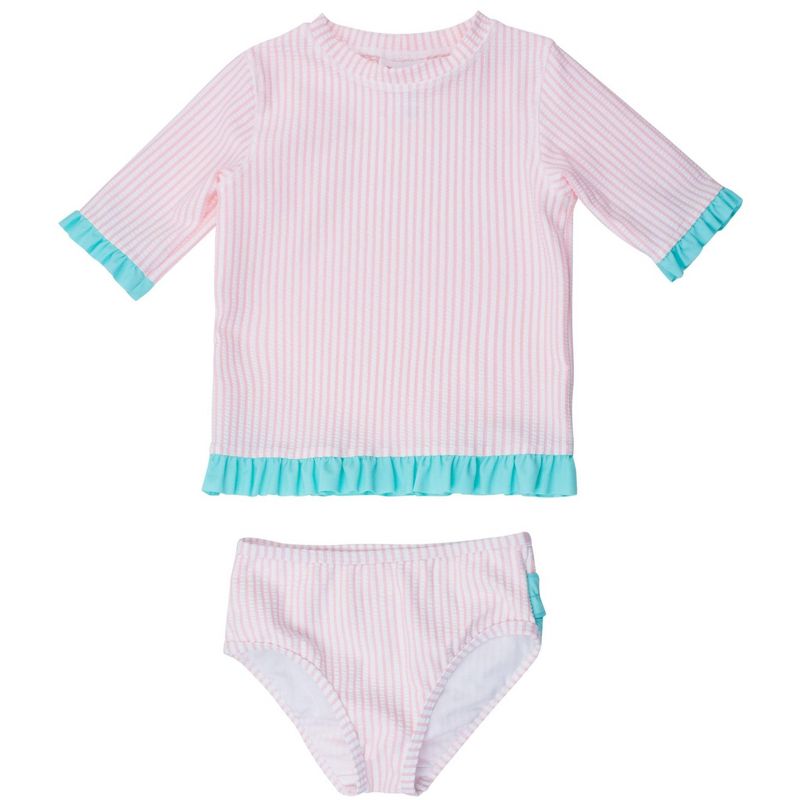 RuffleButts Girls UPF50+ Seersucker Short Sleeve Ruffle Rash Guard Bikini