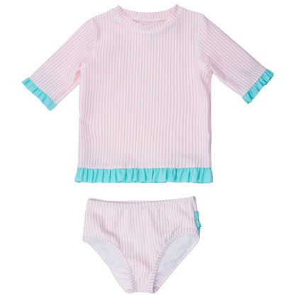 RuffleButts Girls UPF50+ Seersucker Short Sleeve Ruffle Rash Guard Bikini