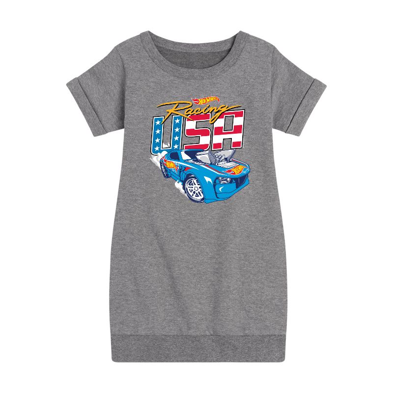فستان صوف بأكمام قصيرة مطبوع عليه رسومات سباقات الولايات المتحدة الأمريكية للفتيات - Hot Wheels