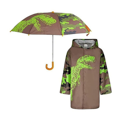 Dinosaur Boys Umbrella & Rain Jacket Set - Kids Ages 3T-9 Years