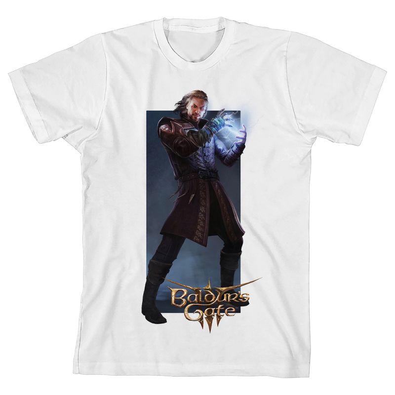 تي شيرت أبيض للشباب بأكمام قصيرة ورقبة دائرية وشعار Gale and Baldur's Gate من Dungeons &amp; Dragons