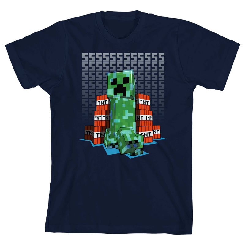 تي شيرت أزرق داكن للأولاد بخلفية صوتية من لعبة Minecraft Creeper TNT
