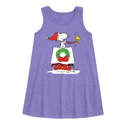 Girls' - Peanuts - Snoopy & Woodstock House Sleigh Graphic Sleeveless Aline Dress