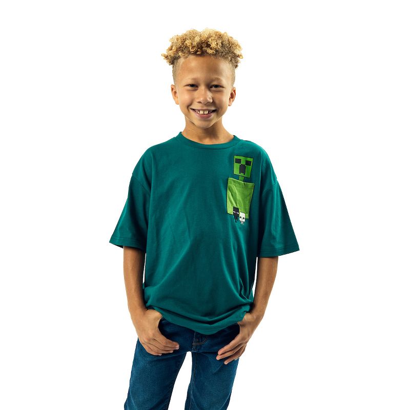 Minecraft Creeper Pocket Crew Neck Short Sleeve Boy's Green Colorblock T-shirt