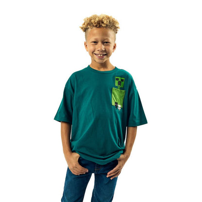 Minecraft Creeper Pocket Crew Neck Short Sleeve Boy's Green Colorblock T-shirt