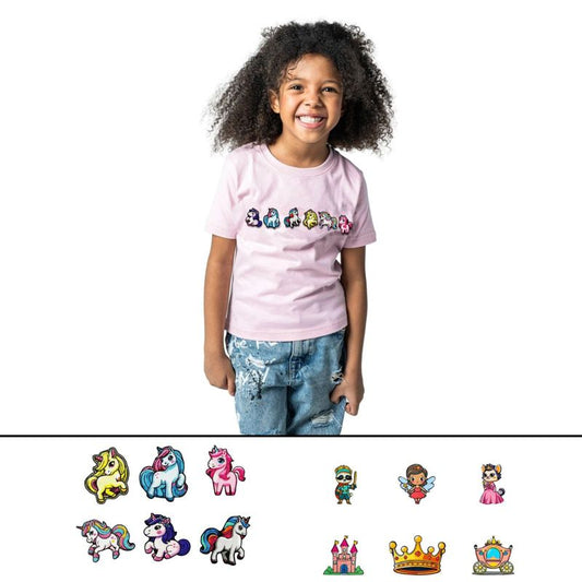 Rabble Kids' Unicorn Fairy Tale Tshirt Bundle – Custom Shirt with 12 Dabblz Velcro Patches