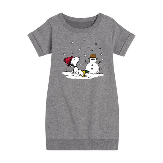 Girls' - Peanuts - Snoopy Woodstock Snowman Graphic Short Sleeve Fleece Dress