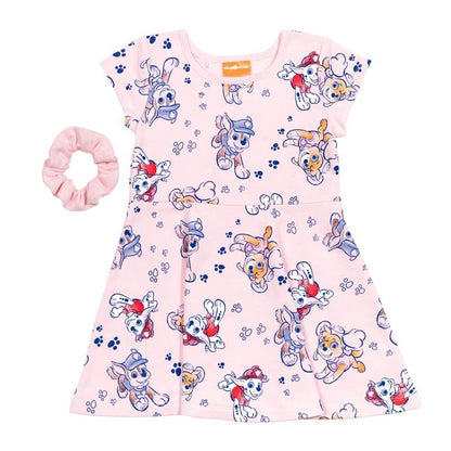 PAW Patrol Skye Chase Marshall Girls French Terry Skater Dress and Scrunchie Little Kid to Big Kid