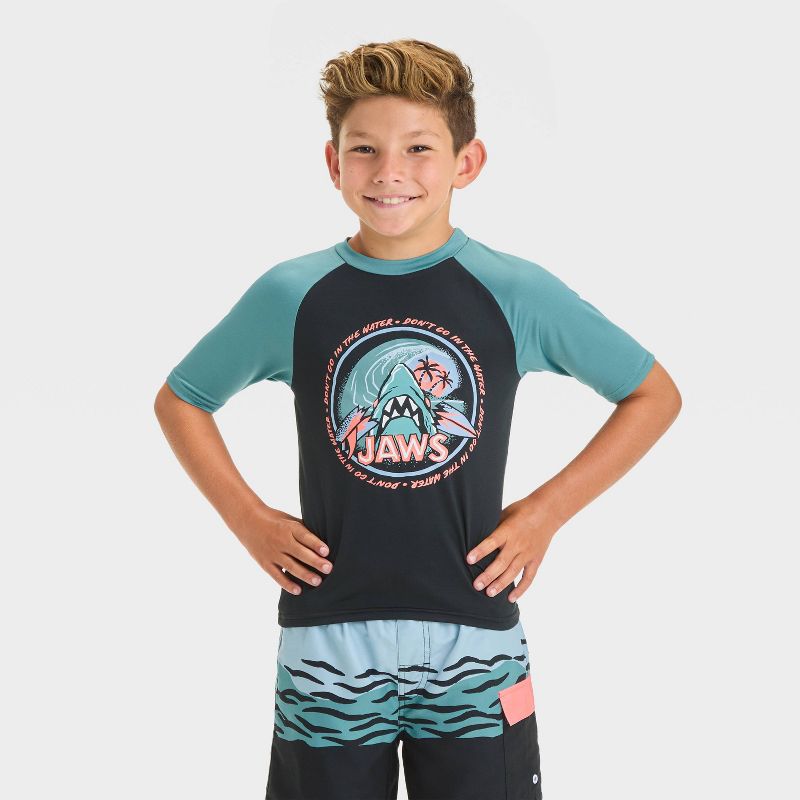 Boys' JAWS Solid Rash Guard Top - Black/Turquoise Blue