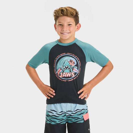 Boys' JAWS Solid Rash Guard Top - Black/Turquoise Blue
