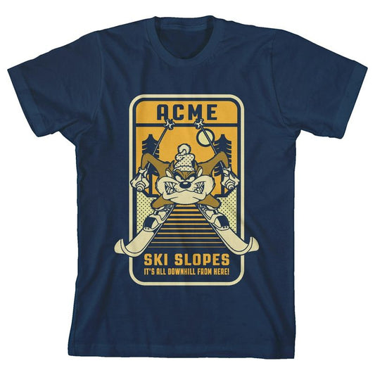 تي شيرت لوني تونز ACME Ski Slope It's All Downhill From Here للأولاد باللون الأزرق الداكن
