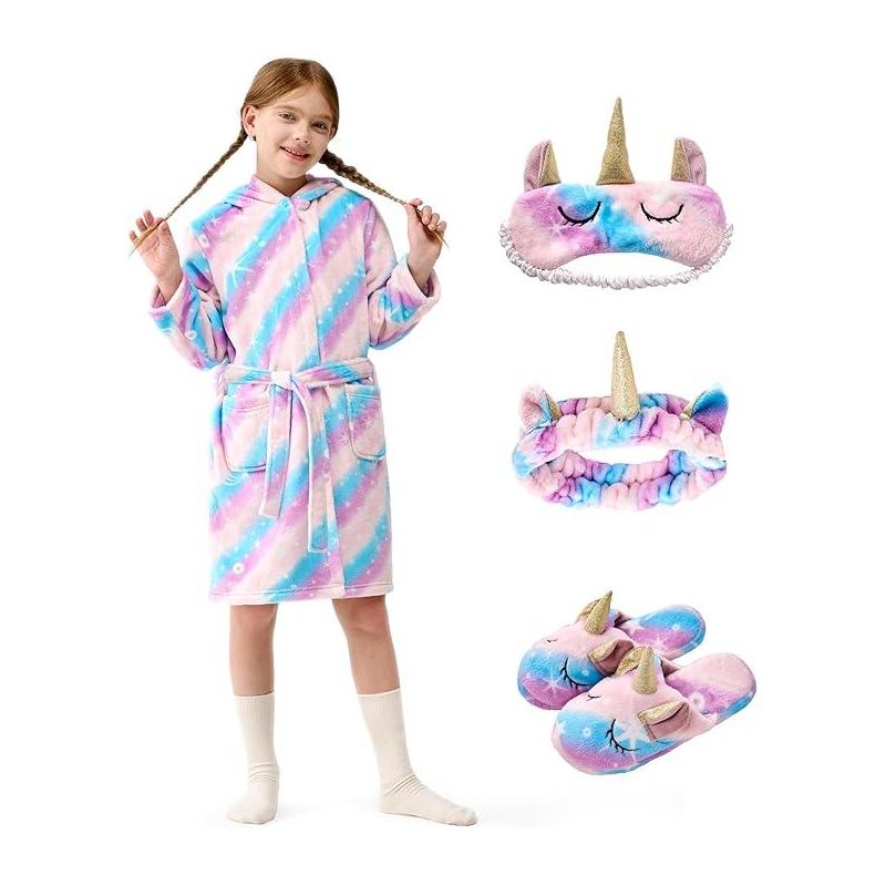 Joyfy Unicorn Kids Robe, Girls Bath Robe with Headband, Slippers, Eye Mask, Girls Christmas Pajamas
