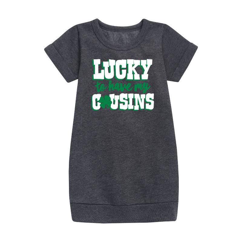 Girls' - Instant Message - St. Patrick's Day Lucky to Have My Cousins Graphic Short Sleeve Fleece Dress