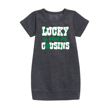 Girls' - Instant Message - St. Patrick's Day Lucky to Have My Cousins Graphic Short Sleeve Fleece Dress