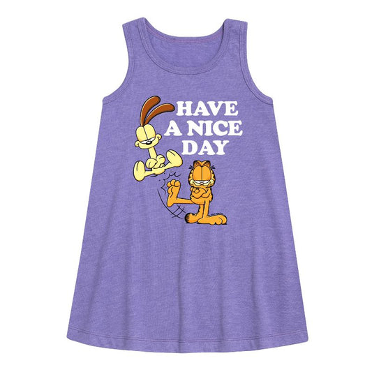 فستان غارفيلد الجرافيكي بدون أكمام بتصميم "Have A Nice Day" للفتيات