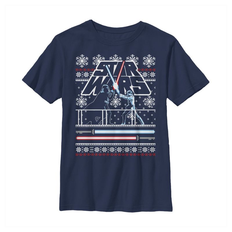 Boy's Star Wars Ugly Christmas Light Saber Battle T-Shirt
