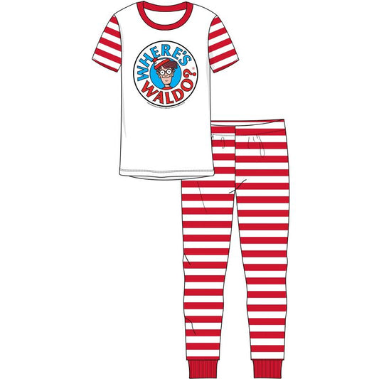 Where's Waldo Character Head Boy's Short Sleeve Shirt & Red & White Striped Sleep Pajama Pants Set