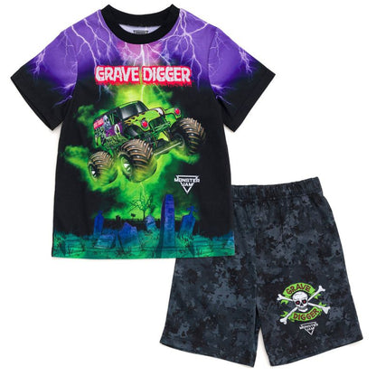 Monster Jam Megalodon El Toro Loco Grave Digger Pullover Pajama Shirt and Shorts Sleep Set Little Kid