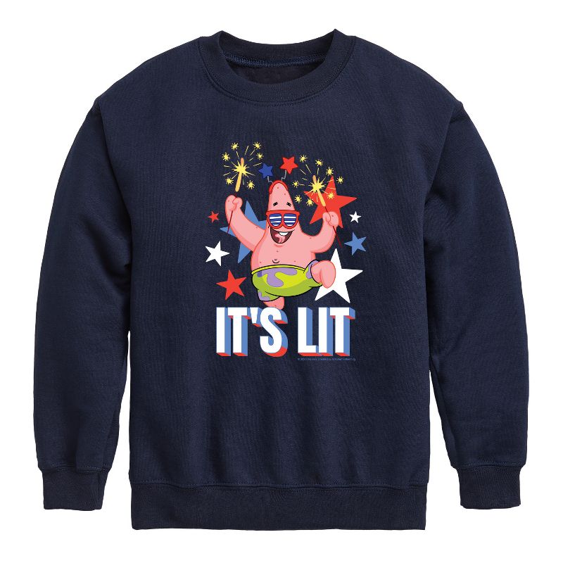 Boys' - SpongeBob SquarePants - Lit Fireworks Patrick Graphic Long Sleeve Fleece Sweatshirt