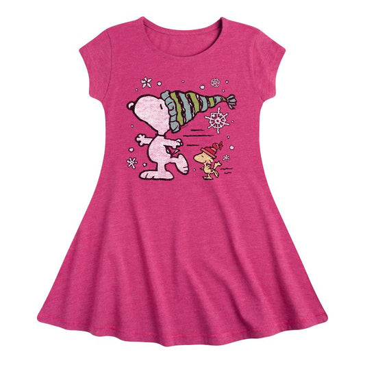 Girls' - Peanuts - Snoopy Woodstock Skate Fit & Flair Cap Sleeve Dress