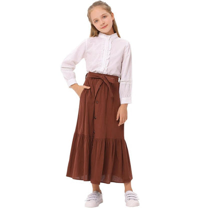 Girls Ruffled Maxi Skirts High Waisted Long Skirt with Belt Button Front Skirts with Pocket Grey 5-14Y