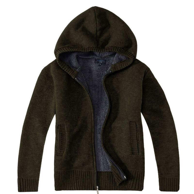 Gioberti Boy's Full Zip Knitted Cardigan Sweater with Hoody and Faux Shearling Lining