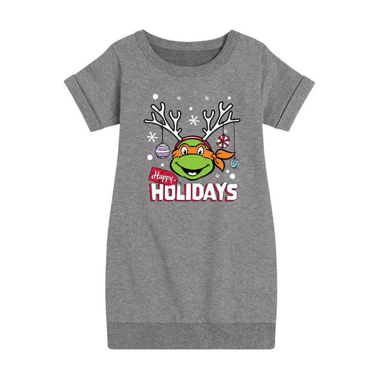 فستان بناتي من الصوف بأكمام قصيرة مطبوع عليه رسومات سلاحف النينجا - Happy Holidays